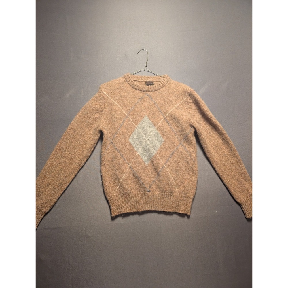 PBS Sweater Womens Medium Camel Argyle 100% Shetland Wool Crewneck Pullover